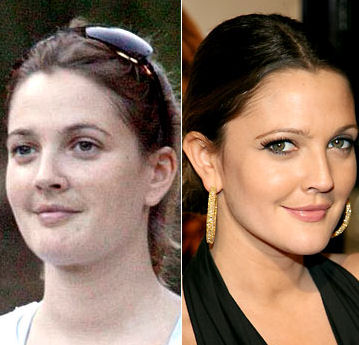 Drew Barrymore without and with makeup